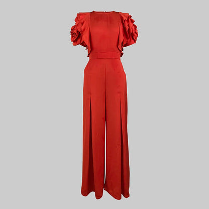 Modigirl Red Romper Jumpsuit Woman 2025 New Summer Falbala Short Sleeves Wide Leg Jumpsuits Woman Elegant Party Formal Clothes