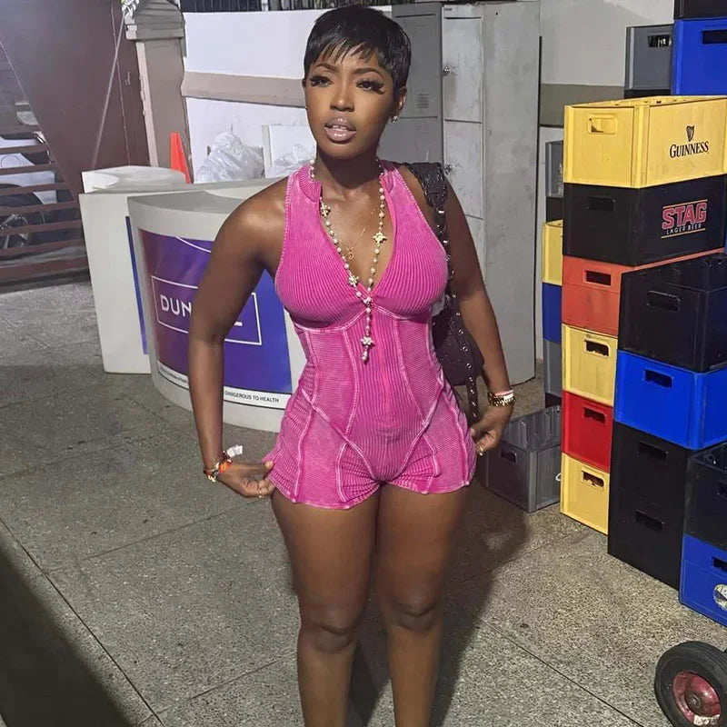 Casual Front Zipper Bodycon Rompers for Woman Short Playsuit Sleeveless Striped Sporty Fitness Workout One Piece Jumpsuit Shorts
