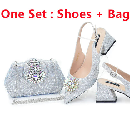 New Fashion Italian Design Rhinestone Pointed-Toe High Heel Shoes & Matching Bag Set Shoe and Bag Set for Nigeria Party Italy