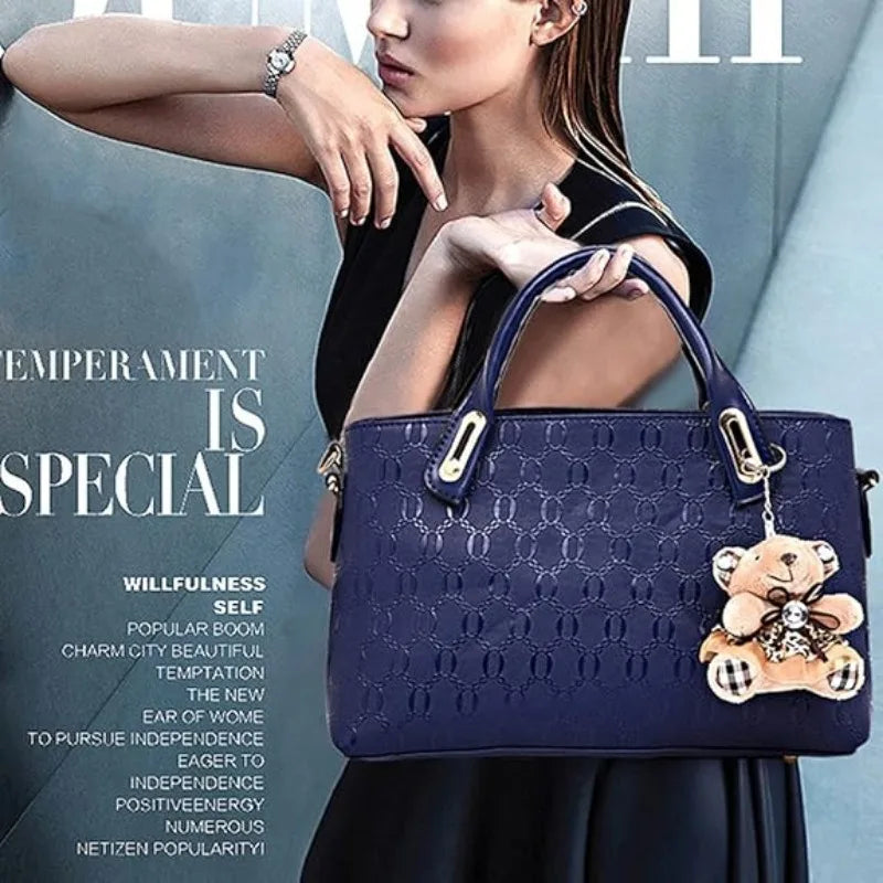 4 Pcs Women Handbag Set Embossed Pattern PU Leather Tote Bags Fashion Chain Shoulder Crossbody Bag Ladies Wallet Card Holder Purse With Bear Pendant Daily Shopping Handbags