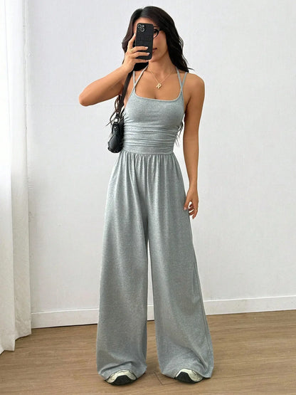 Women Halter Spaghetti Strap Jumpsuits Summer Casual Elastic High Waist Backless Wide Leg Long Pants Romper Club Party Overalls