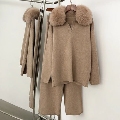 Reality Fur Jacket Pullover Set Woman Spring Knitted Suit Knitwear Female Real Fox Fur Collar Sweater Lady Autumn Knitted New