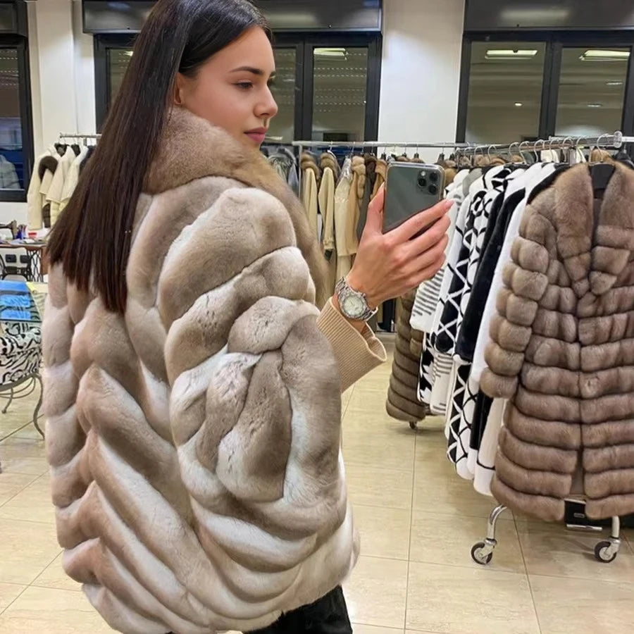 Real Rex Rabbit Fur Coat Chinchilla Fur Natural Fox Fur Collar Best Selling Winter Jacket Women Real Fur Coats