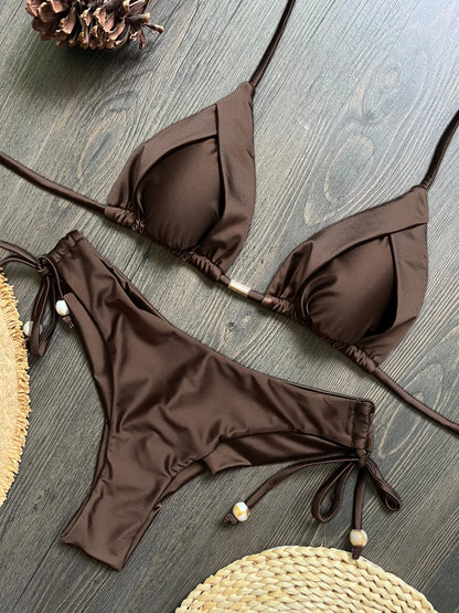 Sexy Drawstring Side High Waist Bikini Set 2026 Women Black Red Halter Pleate Push Up Bra Swimsuit Beach Bathing Suit Swimwear