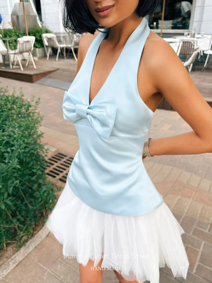 Dianruo Girly Halter Neck Prom Dresses A Line Deep V Neck Birthday Party Dresses Mini Satin Bow Homecoming Dresses Customized