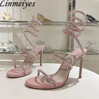 Summer Crystal Gladiator Sandals Women Rhinestone Twine Around Ankle Snake Wedding Shoes High Heels Sandals Woman