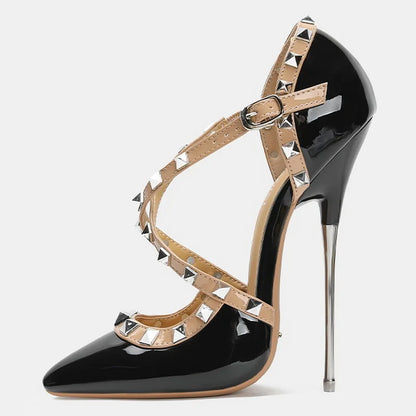 Women Rivet Cross Strap High Heel Sandals Sexy Pointed Toe Single Shoes for Nightclub Party Host Model Catwalk Cross Dressing