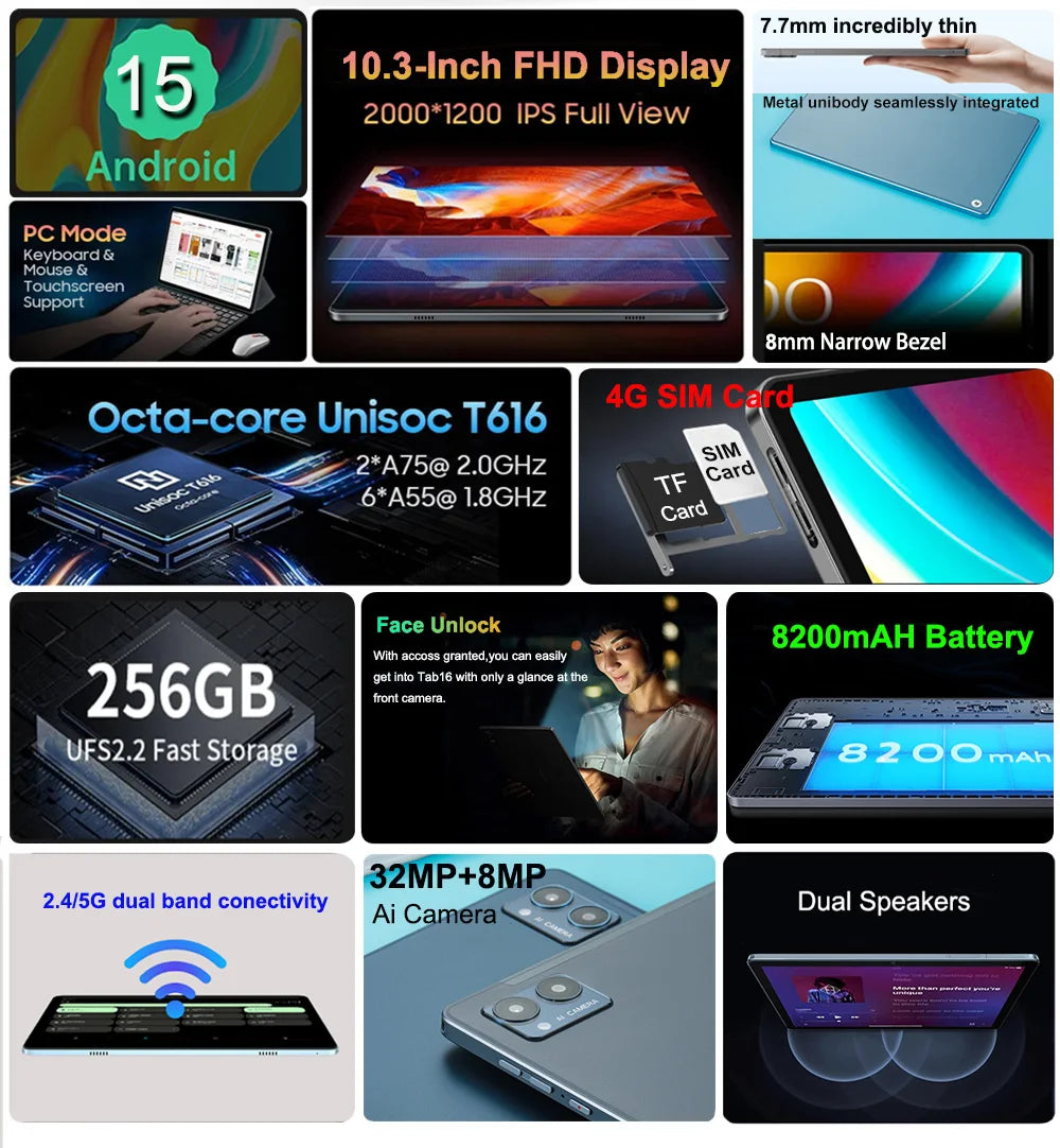 Global Version Unopened Tab16 Dual 4G Tablet 10.3 inch 2K FHD Android15 12GB+256GB ROM Tablet Laptop With SIM Card  Unisoc T616
