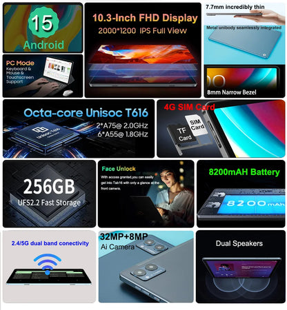 Global Version Unopened Tab16 Dual 4G Tablet 10.3 inch 2K FHD Android15 12GB+256GB ROM Tablet Laptop With SIM Card  Unisoc T616