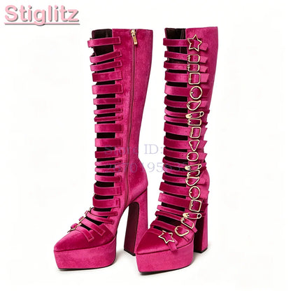 Blue Velvet Irregular Buckle Knee-high Boots Pointed  Toe Side Zipper Chunky High Heels Boots 2026 Summer New Women Punk Shoes