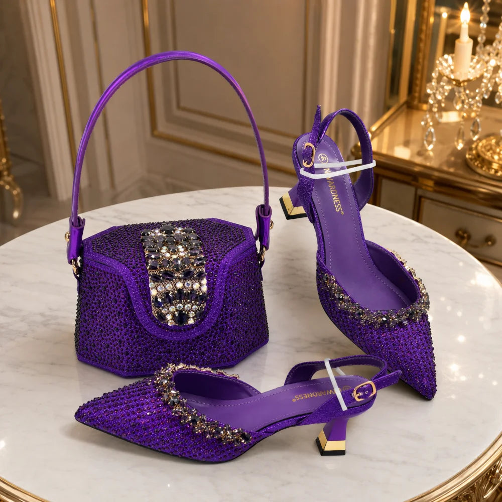Latest Design Women Nigerian Italian Shoes and Bags Set Decorated with Rhinestone Shoes for Women and Bag 2026 Designer Luxury