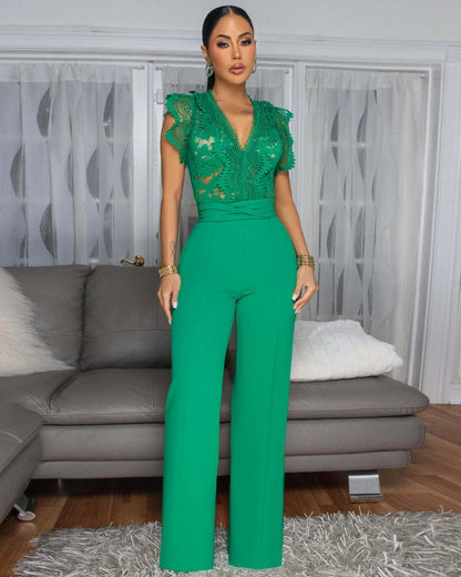 Women Outfits Elegant Luxury One Piece V Neck Romper Bandage High Waist Sexy See-Through Lace Patchwork Sleeveless Jumpsuits