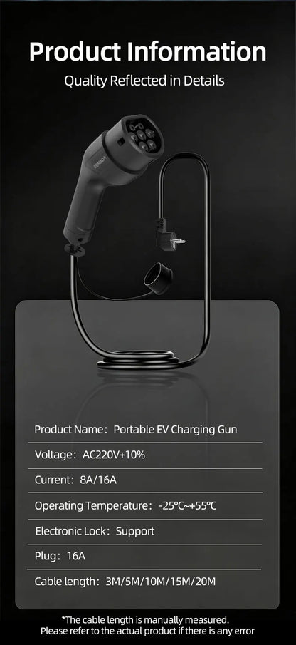 Portable 3.5KW 16A EV Charger with 3M-20M Cable Type2 IEC62196 EU Plug Wallbox Adapter Plug And Charge for Electric Vehicles