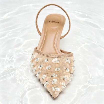 Luxury Crystals String Bead Decoration Brand Pumps Women Fashion Cozy Mesh Embroidery Designer Shoes Elegant Wedding Bridal Shoe