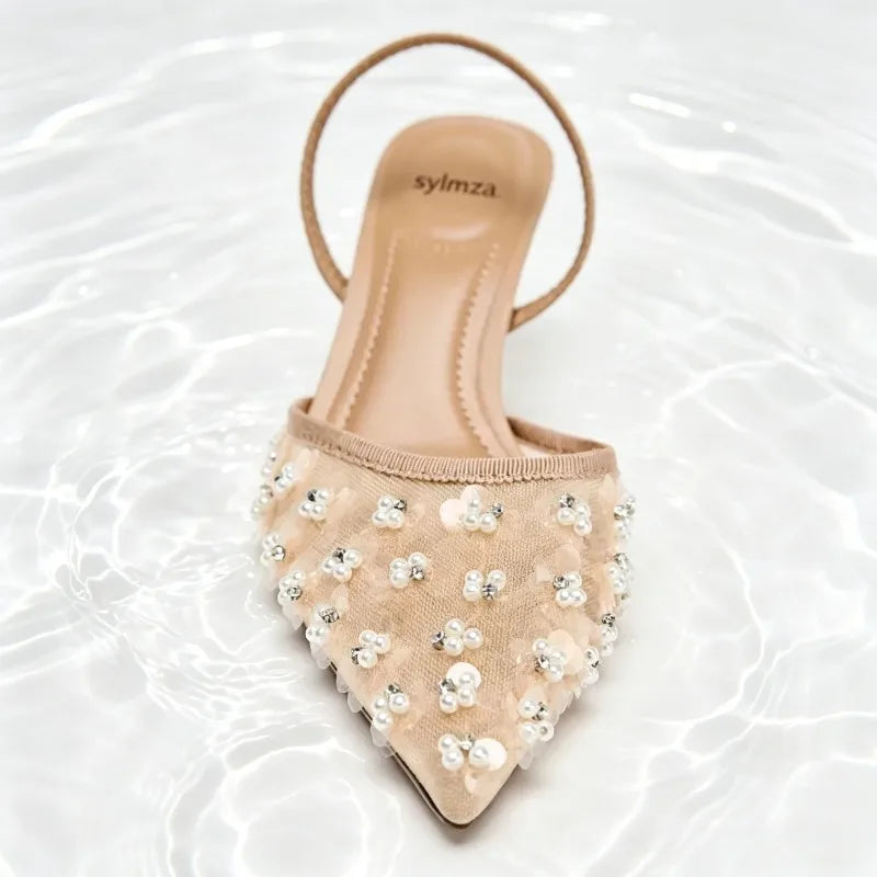 Luxury Crystals String Bead Decoration Brand Pumps Women Fashion Cozy Mesh Embroidery Designer Shoes Elegant Wedding Bridal Shoe