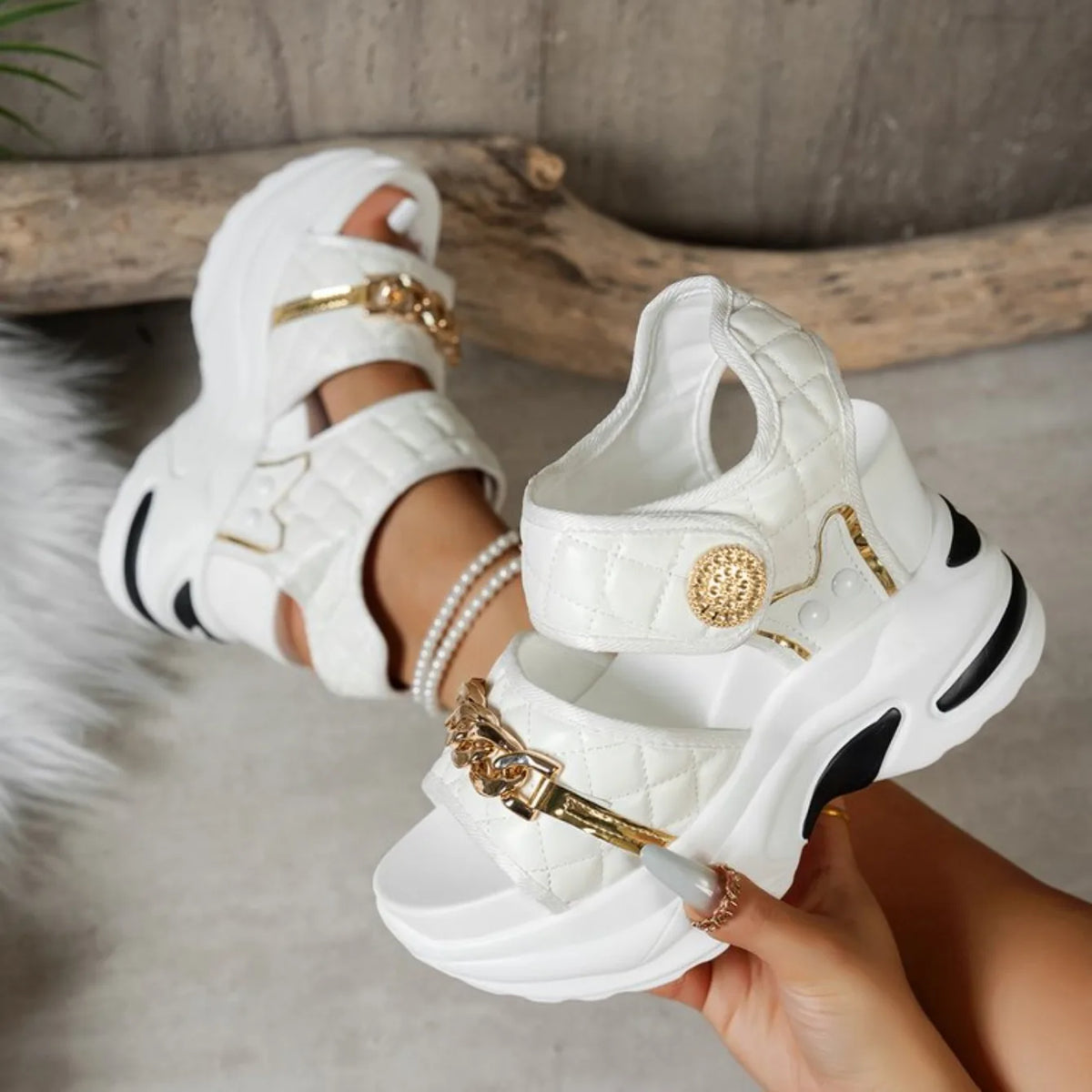 Summer New Women Wedge Sandals 2026 Fashion Metal Decor Solid Thick Bottom Female Shoes Trendy Casual Comfort High Heel Sandals