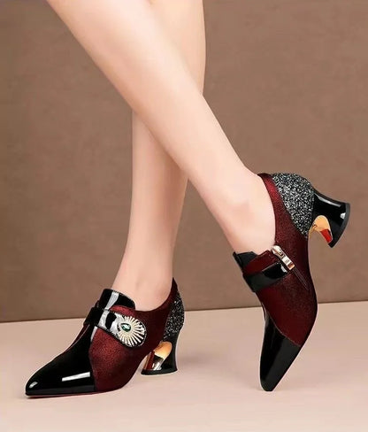 Deep Mouthed Color Blocked High Heels 2025 Spring Autumn New Style Thick Heel Fashionable Pointed Side Zipper Leather Shoes