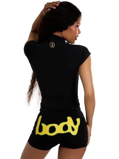FAGADOER Fashion Letter Print Shorts 2 Piece Suits Casual Zipper Stand Collar Crop Top + Bodycon Shorts Outfits Streetwear Sets