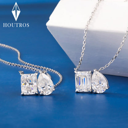 925 Sterling Silver Two Stone Toi Et Moi Necklace 2/5cttw Radiant Emerald Pear Cut Moissanite Pendant Necklace Fine Jewelry Gift