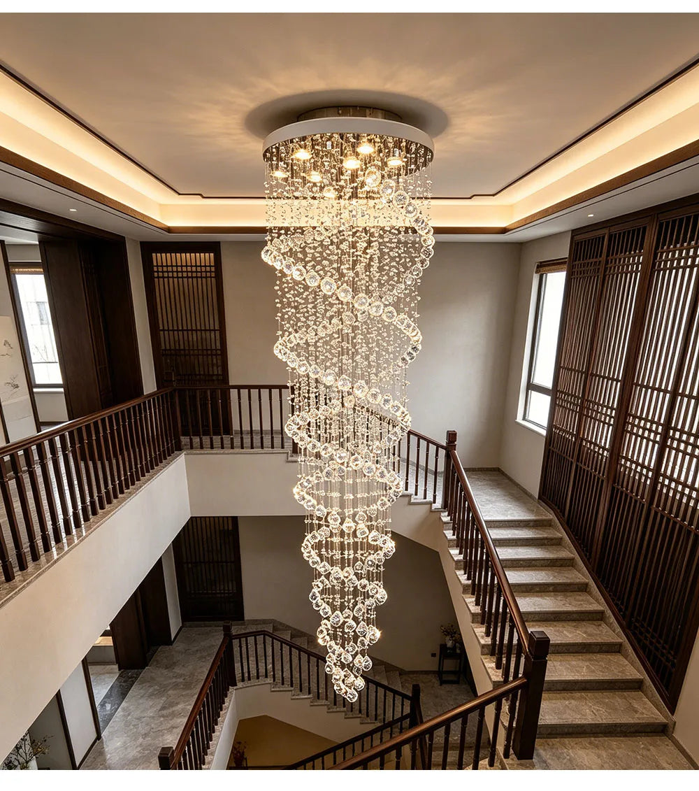 Modern Luxury Spiral Crystal Ceiling Fixture Long Cascading Crystal Design for Duplex Stairwell High Ceiling Home Lighting
