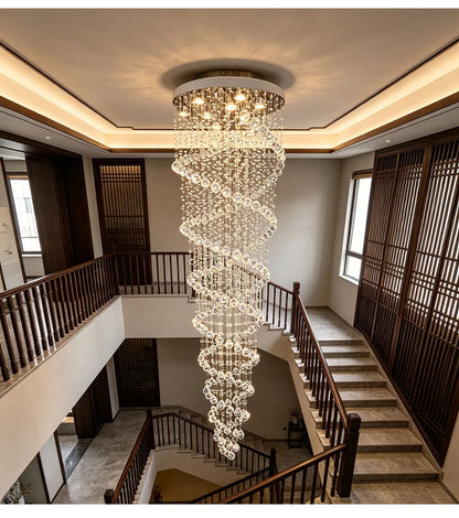 Modern Luxury Spiral Crystal Ceiling Fixture Long Cascading Crystal Design for Duplex Stairwell High Ceiling Home Lighting