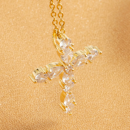 Cubic Zirconia Cross Water Diamond Pendant for Women's Fashion Sexy Golden Hypoallergenic Jewelry Gift Party Banquet Necklace