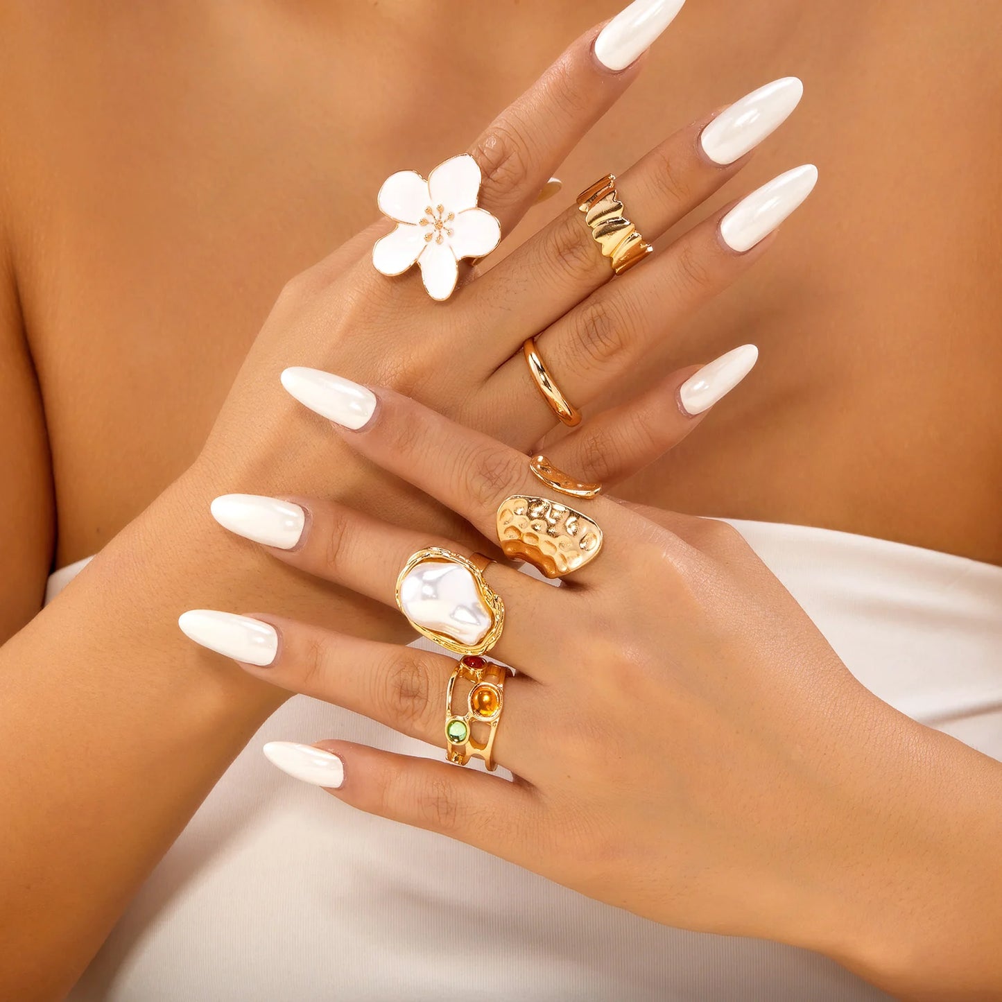 8Pcs/Set Vintage Pink Metal Flower Ring Set for Women Punk Elegant Baroque Pearl Knuckle Joint Ring Party Daily Wear Jewelry