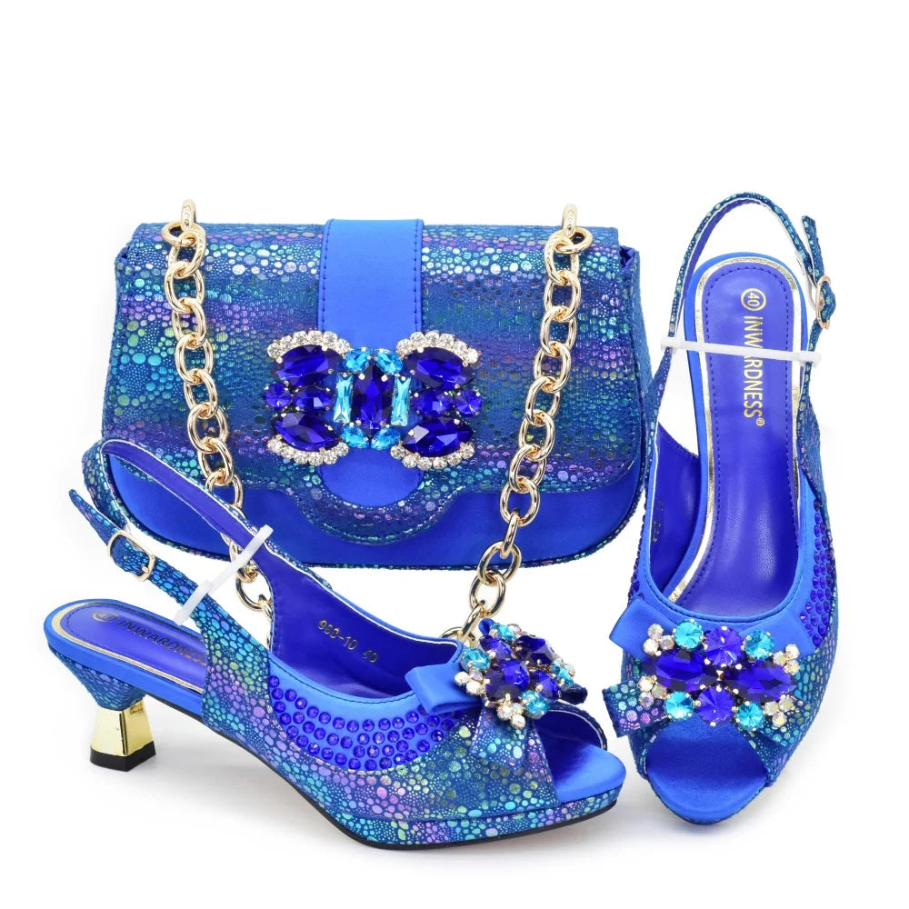 Nigerian Heel Party for Women Gold Color Shoes and Bag Set Rhinestone Handbag Italian Design Wedding Pumps Women Shoes Luxury