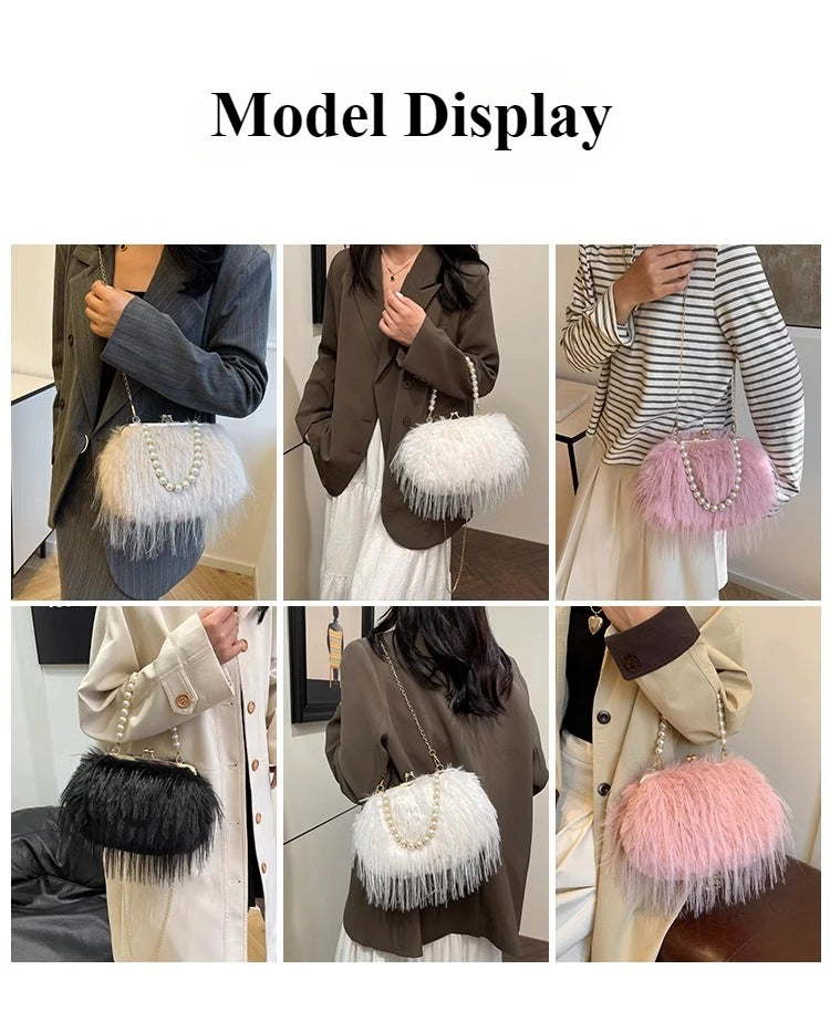Beading Chain Women's Evening Plush Handbags Faux Fur Tassel Ladies Shoulder Bag Elegant Female Crossbody Bags Party Furry Purse