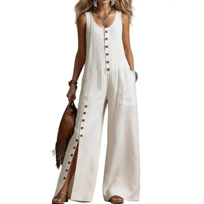2026 Sexy V Neck Fashion 2026 Spring Pocket Wide Leg Jumpsuit Button Down Sleeveless Wide Leg Rompers Summer Loose Wear Overall