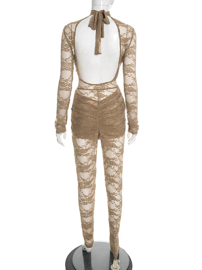 Weird Puss Backless Jumpsuit Women Coquette Jacquard Patchwork Cross Bandage Midnight Stretch Full Sleeve Club Activity Overalls