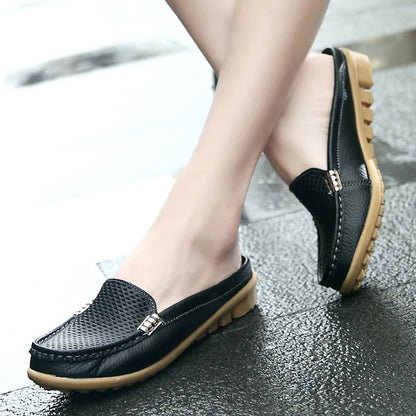 Women Casual Shoes Hollow Out Lady Half Lofers Genuine Leather Flats Moccasins Women Luxury Brand Half Slippers Zapatillas Mujer