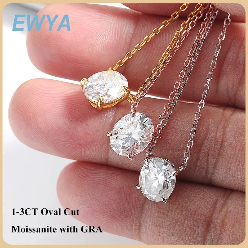 EWYA Solitaire Oval Cut 1-3CT Moissanite Pendant Necklace for Women Real 925 Silver GRA Certified Lab Diamond Neck Chain Gift