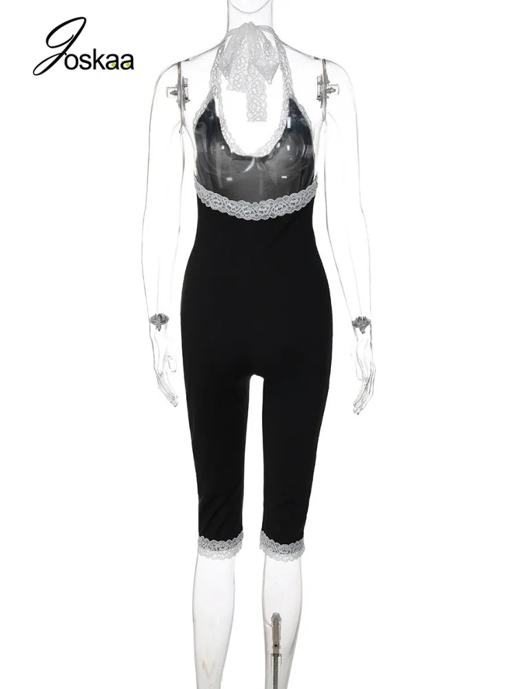 Joskaa Black Lace Trim Halter Capri Jumpsuits Women Sexy V-Neck Backless Sleeveless Bodycon Knee Length Rompers Y2K Streetwear