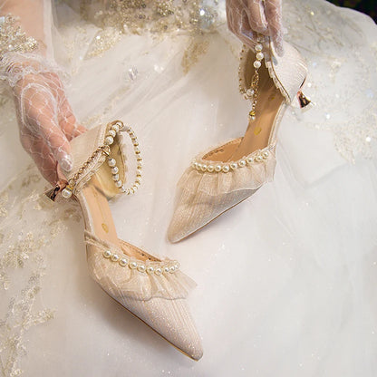 Elegant Pearl Weddings Bridal Pumps for Women 2026 Summer Silk Ankle Straps High Heels Shoes Woman Pointed Toe Dress White Shoes