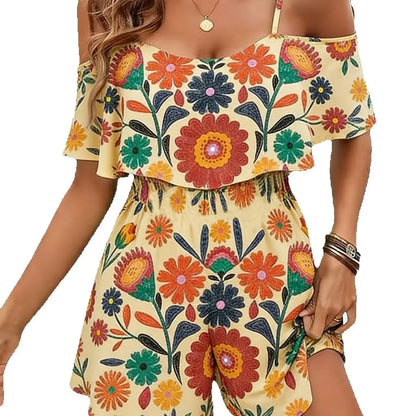 Women's casual short jumpsuit, off-shoulder halter jumpsuit, solid color asymmetrical/irregular vacation style with ruffled hem.