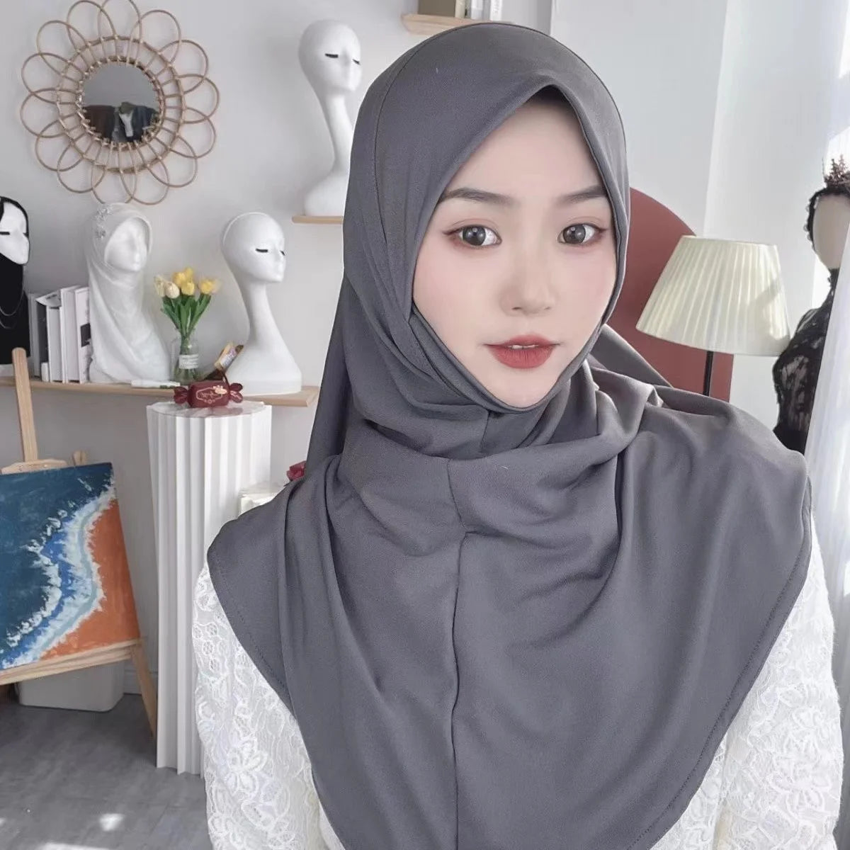 H124 Adults high quality big size muslim hijab scarf with chin part islamic headscarf hats armia pull on headwrap turban caps