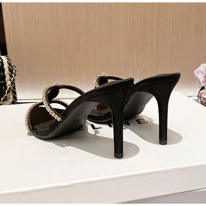 Luxury Rhinestones Gem Narrow band Women Slipper Sandals Elegant Pointed toe Thin High heels Mules Slides Fashion Party Shoes