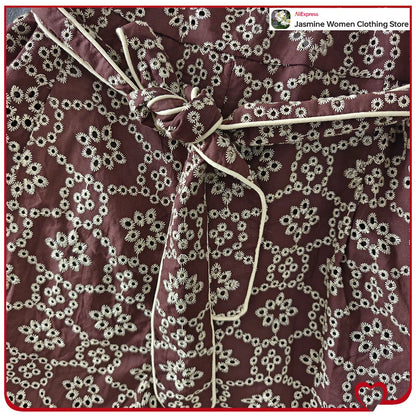 Elegant Embroidered Eyelet Belted Jumpsuits for Women Stylish Round Neck Straight Leg Jumpsuits with Thin Straps and Fabric Belt