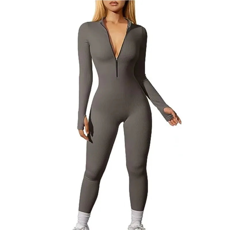 Women Yoga Running Tight Ribbed Long Sleeve Zipper Jumpsuit Pants