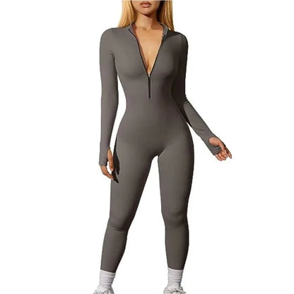 Women Yoga Running Tight Ribbed Long Sleeve Zipper Jumpsuit Pants