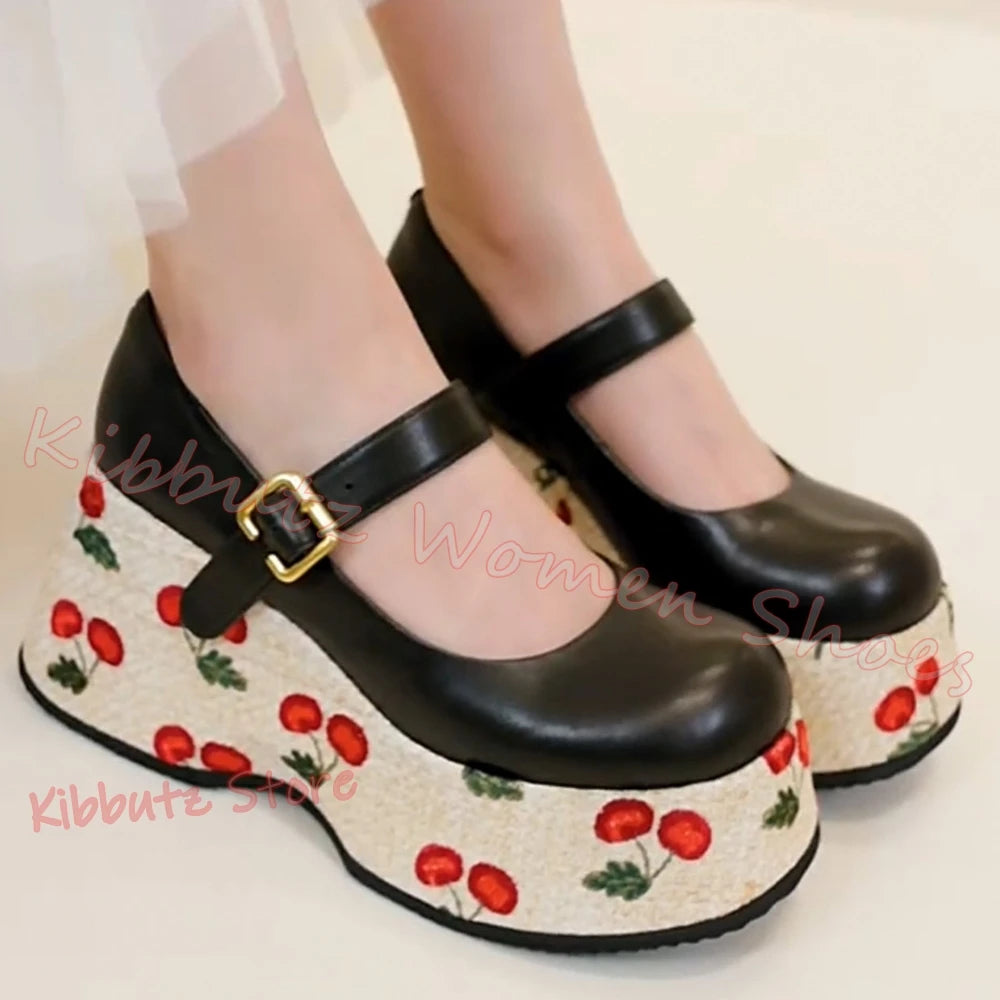 Mary Jane Pumps Cherries Platform Mixed Color Leather Belt Buckle for Women Shoes Round Toe Height Increasing Elegant Sexy New