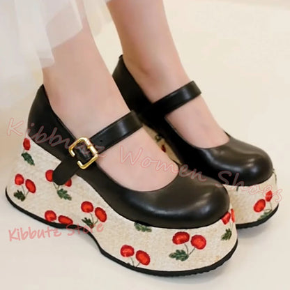 Mary Jane Pumps Cherries Platform Mixed Color Leather Belt Buckle for Women Shoes Round Toe Height Increasing Elegant Sexy New