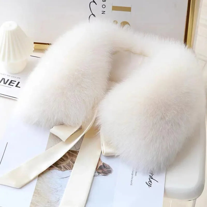 Winter Warm Fox Fur Collar Female Real Fur Collar Fashion Fluffy Clothing Accessories Collar Women Luxury Fur Scarf With Ribbons