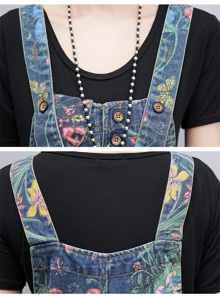 Casual Streetwear Print Floral Denim Jumpsuit Woman Loose Baggy Wide Leg Pants Rompers Big Size Pockets Straps Jeans Overalls