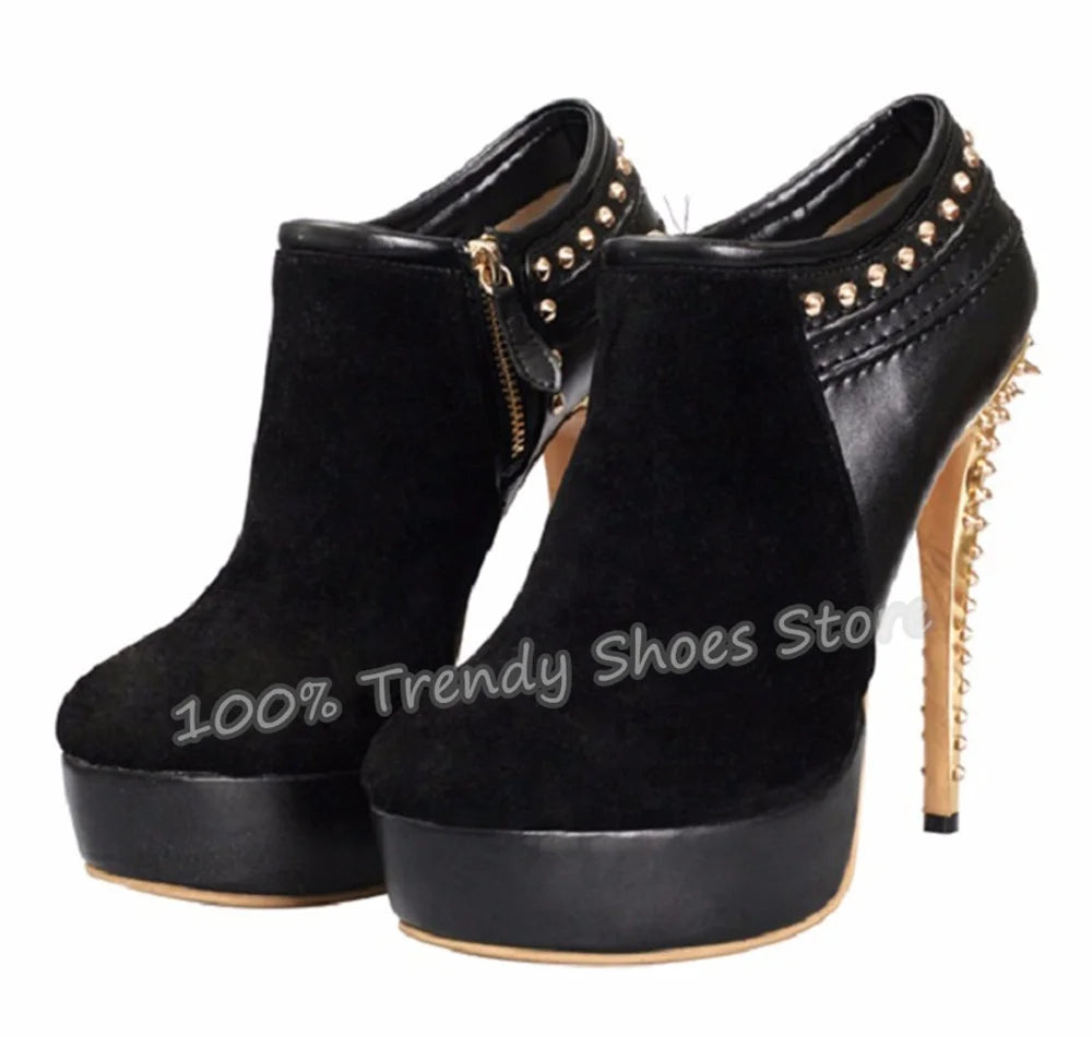 Gold Spikes Rivet Stiletto High Heel Ankle Boots Women Platform Faux Suede Patchwork Side Zipper Short Boots Plus Size 34-46