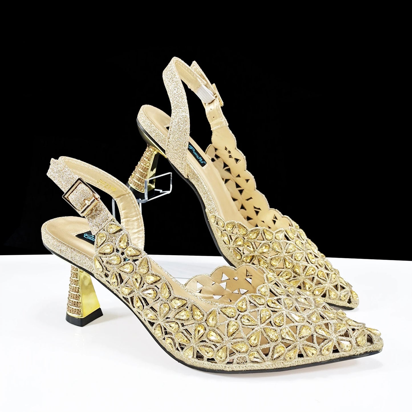 QSGFC Italian Design Rhinestone-encrusted Sex Ladies Shoes And Special Bag High Heels And Heart Shape Gold Mini Bag