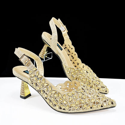 QSGFC Italian Design Rhinestone-encrusted Sex Ladies Shoes And Special Bag High Heels And Heart Shape Gold Mini Bag