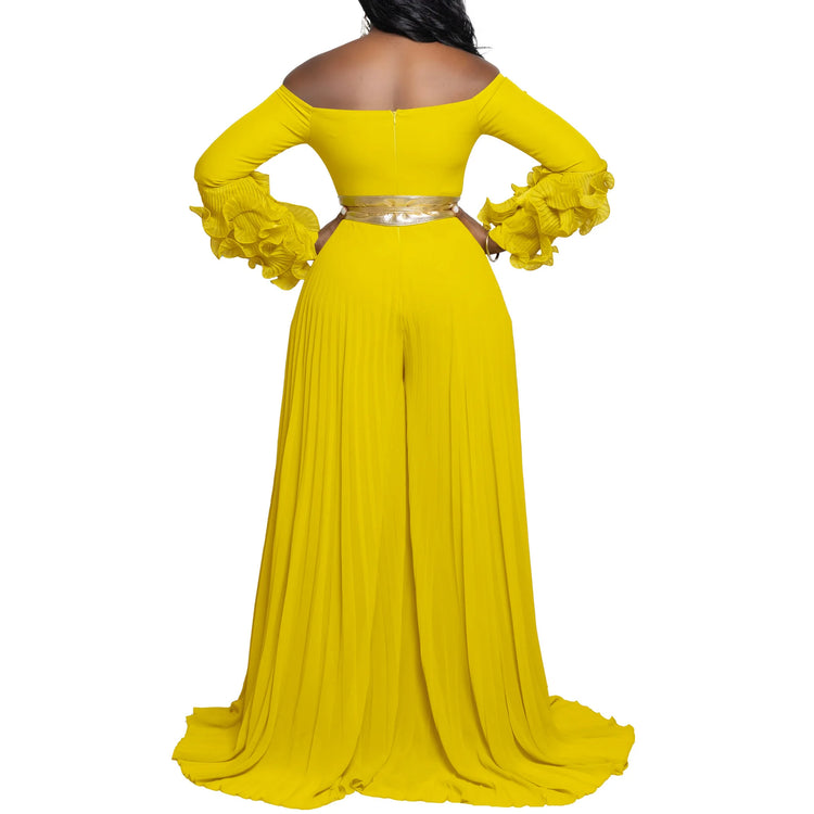 CM.YAYA Women Long Ruffles Sleeve Pleated Slash Neck Wide Leg Long Jumpsuits Party Beach Belt Street Sexy Africa Outfit Rompers