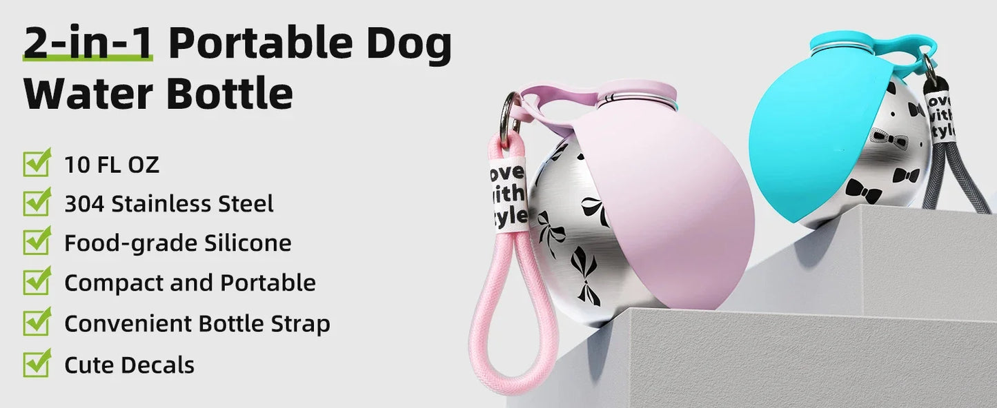 2-in-1 Portable Leak-Proof Compact Dog Travel Water Bottle Stainless Steel Silicon for Small Dogs